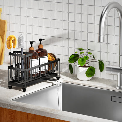 Cisily Black Sponge Holder for Kitchen Sink, Sink Caddy Organizer with High Brush Holder, Kitchen Countertop Organizers and Storage Essentials, Rustproof 304 Stainless Steel, Soap Dispenser Organize