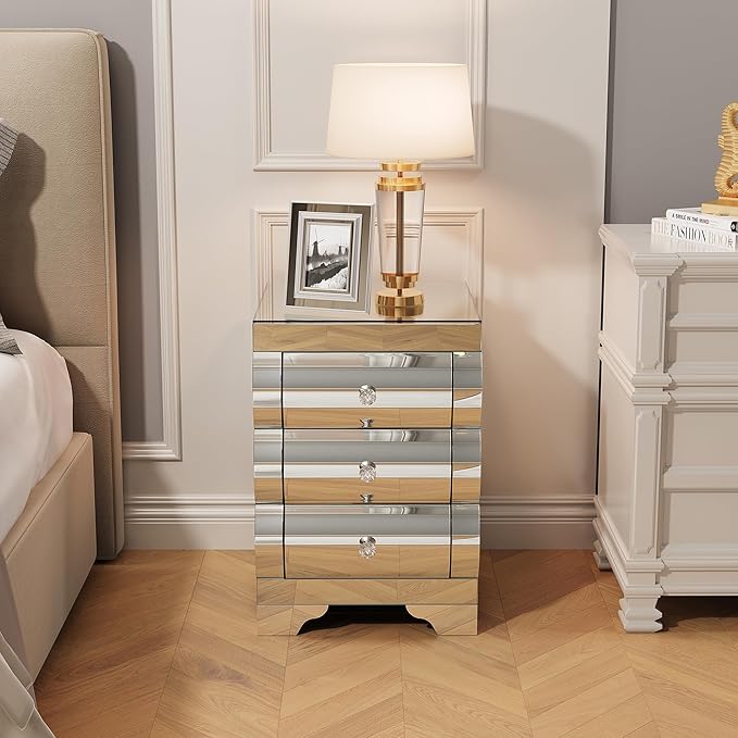 Curved Mirror Nightstand with 3 Drawer Glass Bedside Table