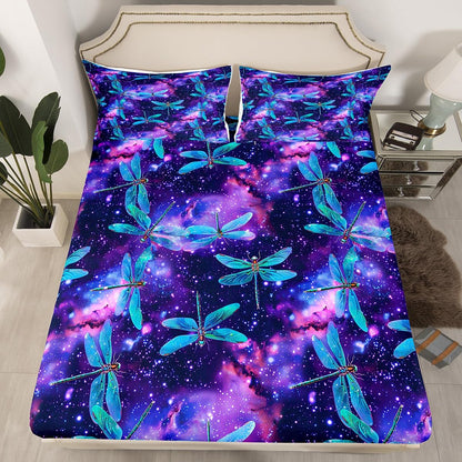 Feelyou Dragonfly Fitted Sheet s Animal Pattern Bedding Set for Boys Girls Children Purple Blue Galaxy Bed Sheet Set Ornamental Dragonfly Printed Room Decor Twin Size 2Pcs