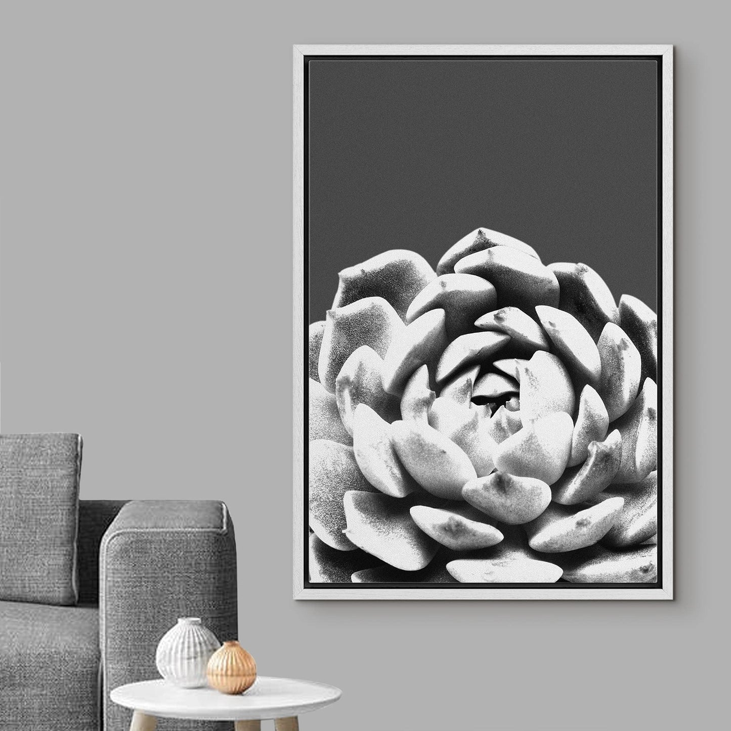 bestdeal depot Framed Canvas Print Wall Art Echeveria Succulent Closeup Floral Plants Photography Modern Art Farmhouse/Country Dark Black and White for Living Room, Bedroom, Office - 16"x24" White