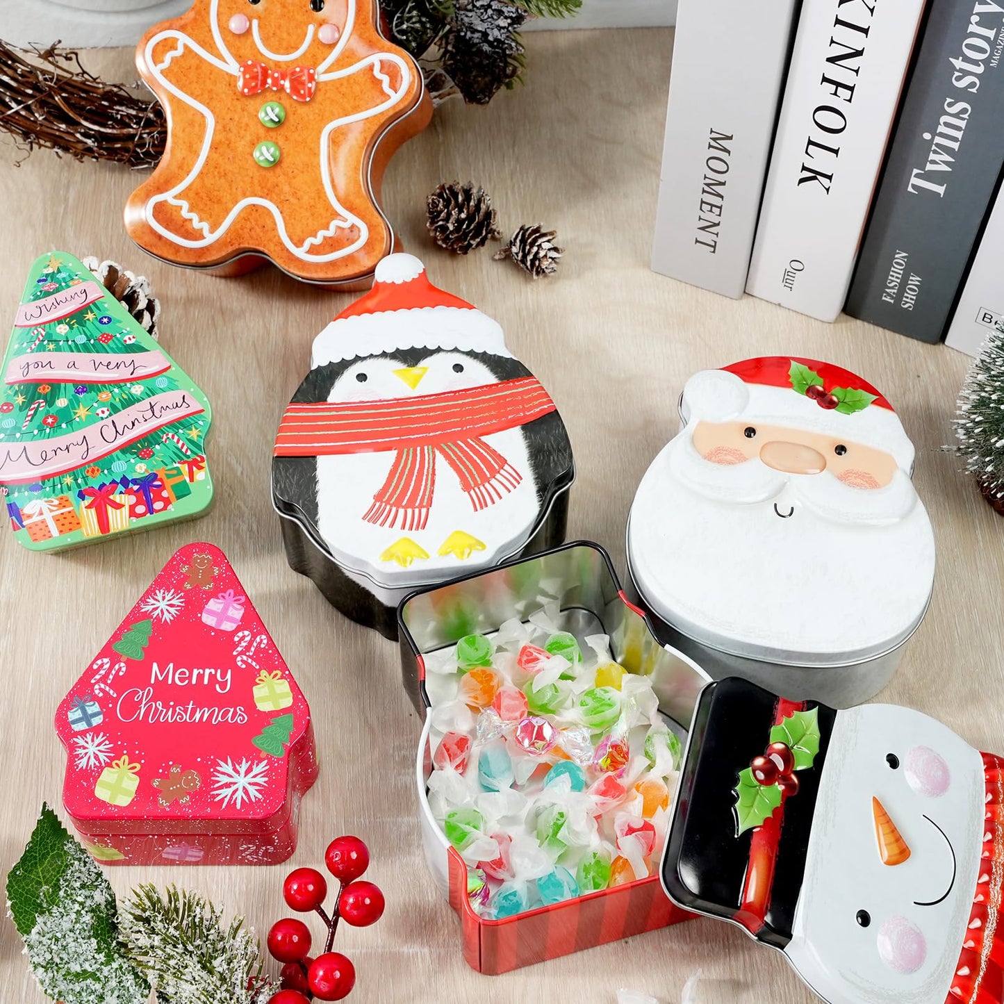 Tioncy 6 Pcs Christmas Cookie Tins with Lids Christmas Containers Santa Snowman Gingerbread Penguin Christmas Tree Metal Cookie Jar Xmas Cookie Boxes for Storing Candy Chocolate Biscuits Holiday Gifts