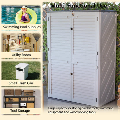 KEIKI Outdoor Storage Shed, Lockable Resin Storage Cabinet with Floor, Weather Resistant Tall Garden Shed for Tools, Patio Cushions, Lawn Equipment Backyard 61 cu. ft, White