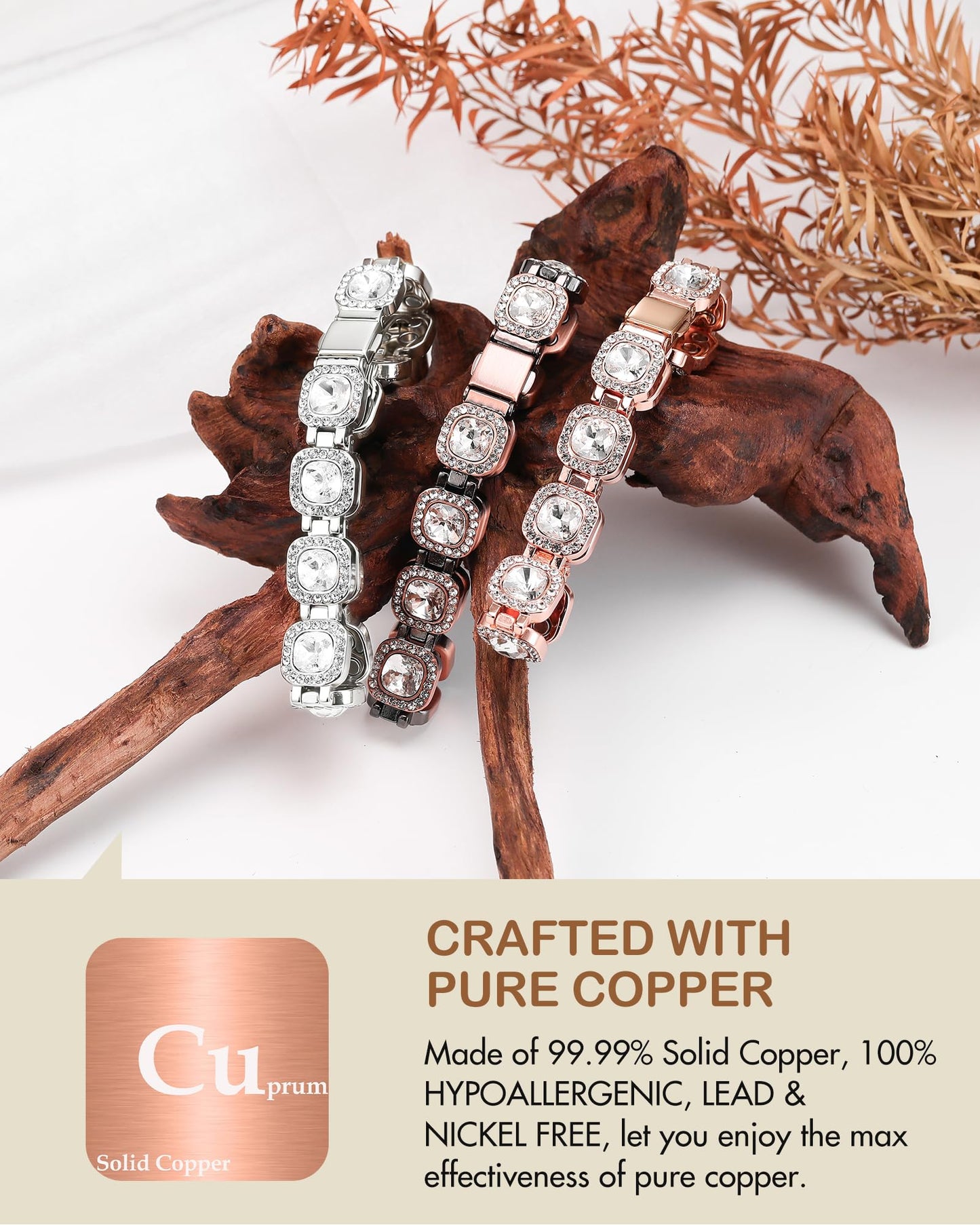 Feraco Copper Bracelets for Women, 4X Ultra Strength Magnetic Bracelet with 3800 Gauss Neodymium Magnets & Sparkling Austrian Cut Crystals, Adjustable Pure Copper Jewelry Gift (Rose Gold)