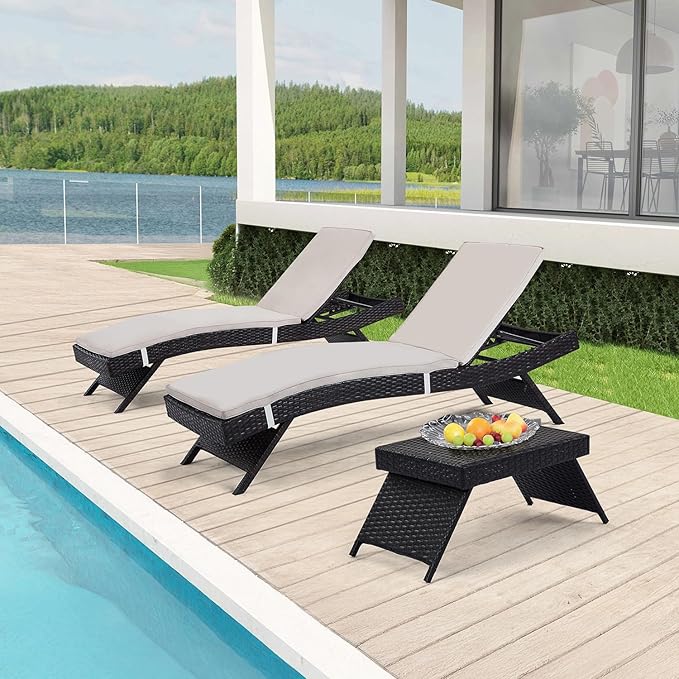 Outdoor Chaise Lounge Chairs + Coffee Table Set of 3