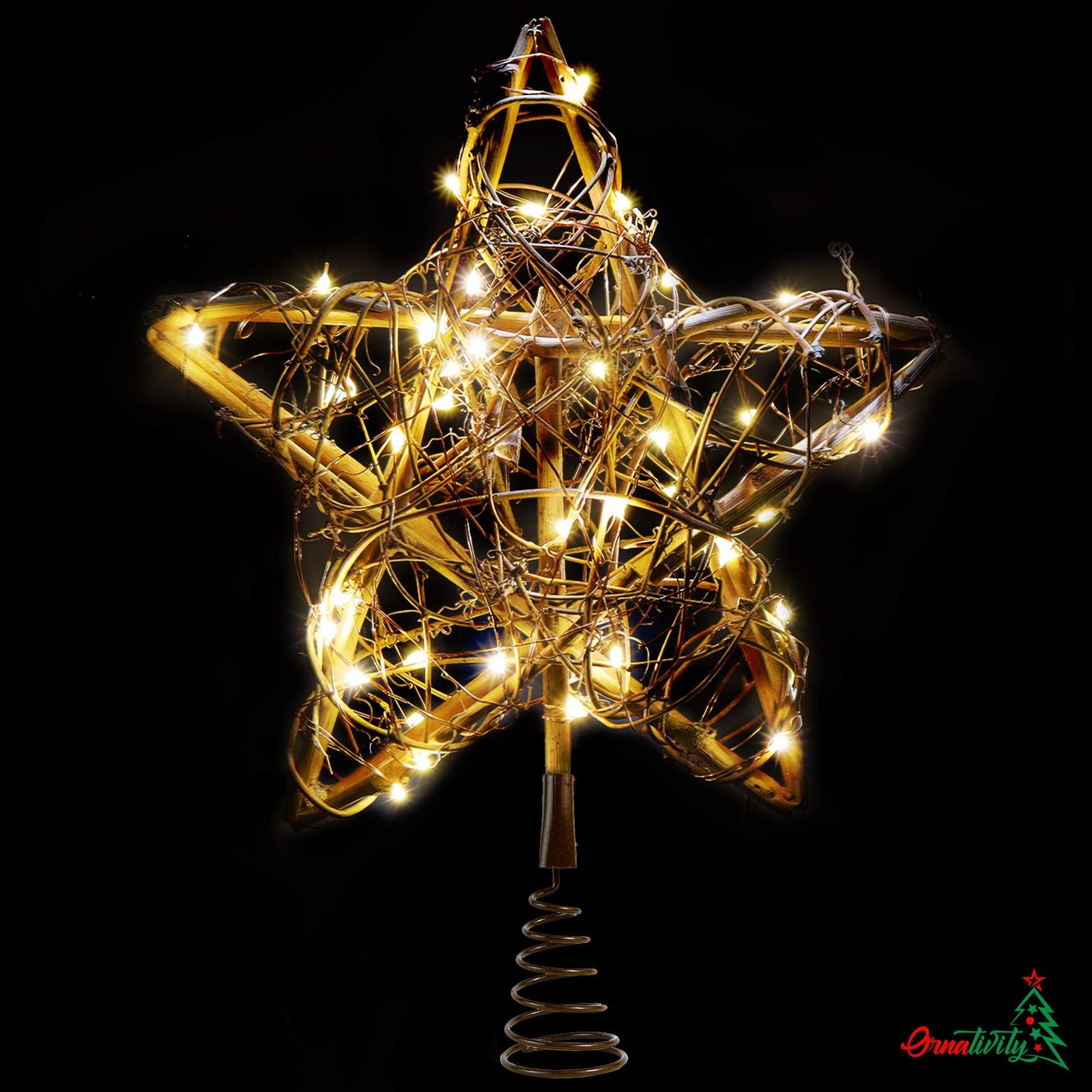 Ornativity Rattan Star Tree Topper - Christmas Rustic LED Light Up Tree Topper with Xmas Lights Holiday Decoration 12"