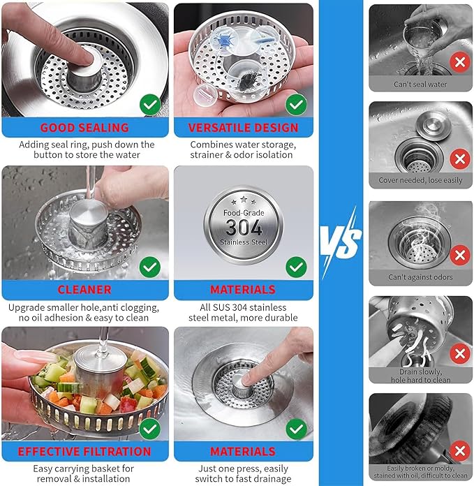 3-in-1 Kitchen Sink Drain Strainer & Sink Stopper 2 Pack : 304 Stainless Steel