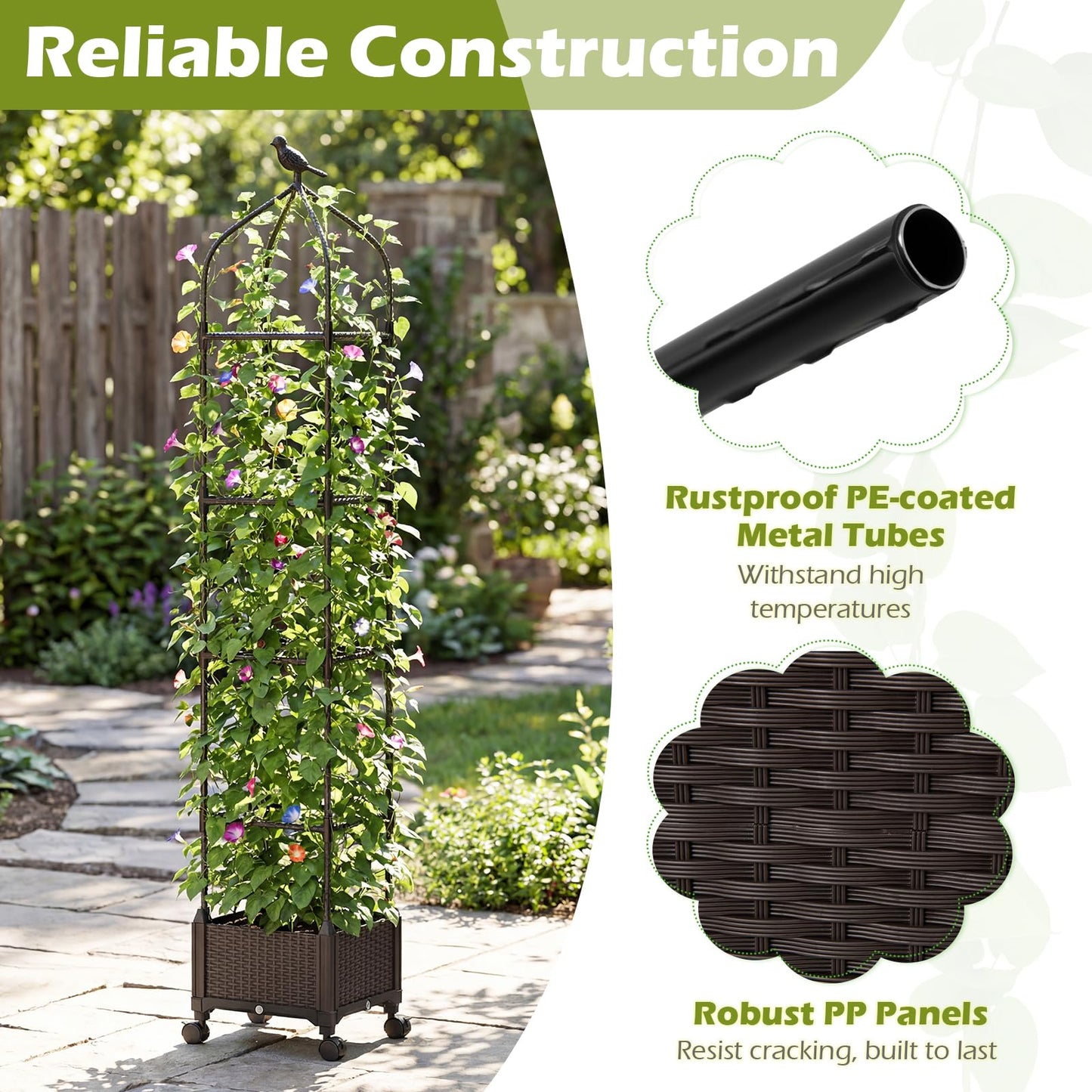 HAPPYGRILL Raised Garden Bed with Trellis, Self-Watering Tomato Cages, 83” 67” 51” Adjustable Height, Indoor Outdoor Obelisk Planter Box w/Trellis & Wheels for Climbing Plants Vines Fruits (2)