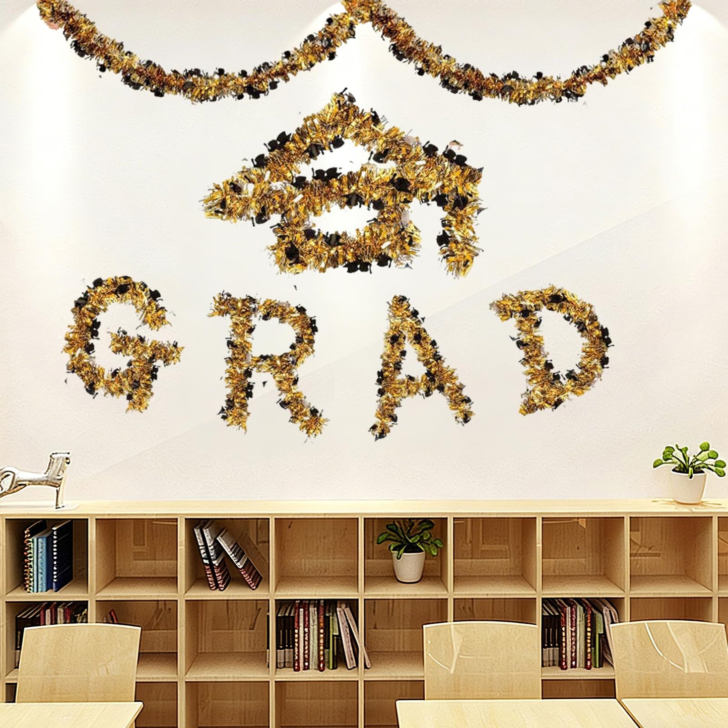 50 Feet Graduation Cap Tinsel Garland,Black Gold Shiny Metallic Foil Tinsel Graduate Hanging Ornament for Home School Class Party Wall Decorations