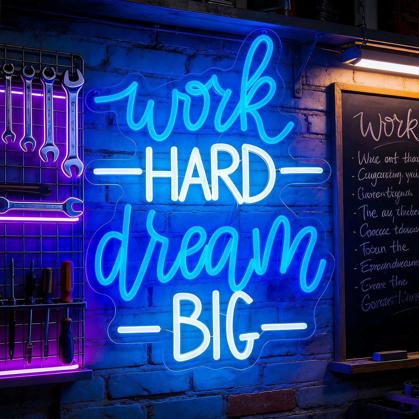 Whfobfe Blue&White Neon Sign Led Neon Lights Signs for Wall Decor USB Powered Led Signs for Room Decoration-Work Hard Dream Big
