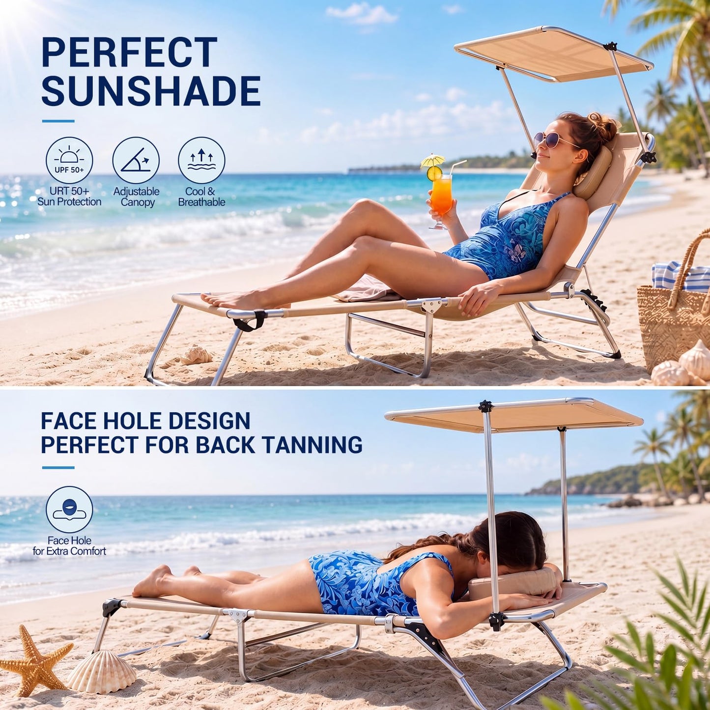 Karenhi 3 Pcs Beach Lounge Chair Set with Table and Face Hole, Adjustable Tanning Recliner with Canopy, 2 Replaceable Towels Portable Folding Design for Outdoor, Poolside, Patio and Sunbathing