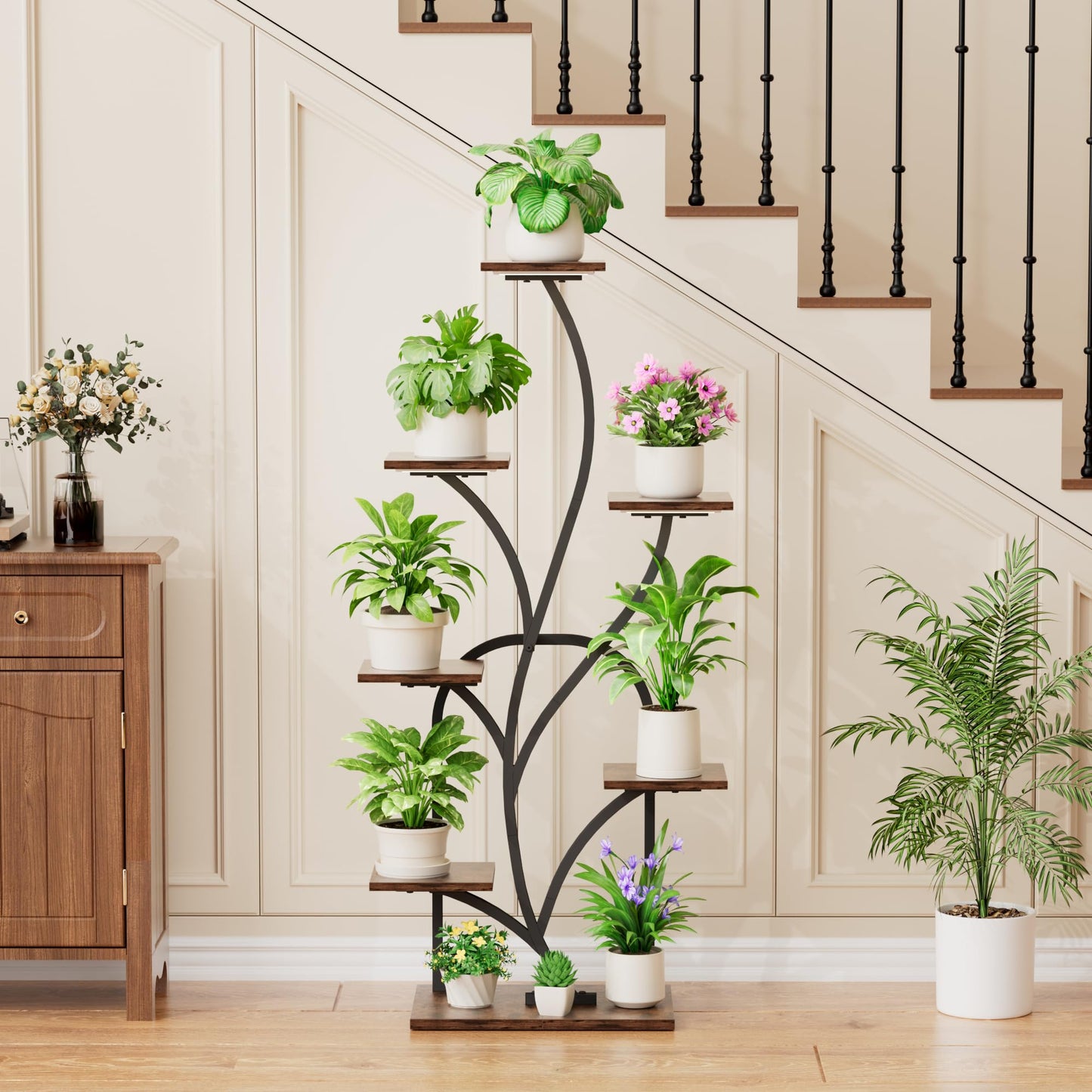 BEVAURORA Plant Stand Indoor with Grow Lights - 51" Tall Plant Stand, Corner Plant Shelf for Indoor Plants, 8 Tiered Lighted Flower Holder, Vase-shaped Plant Rack for Home, Black & Brown