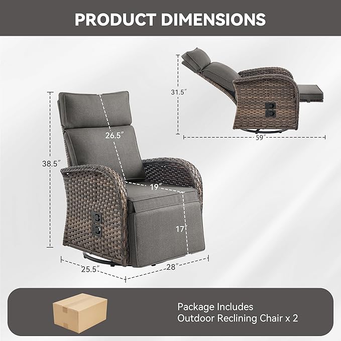 Zero Gravity Patio Swivel Rocking Recliner Chairs Set of 2 - Wicker Outdoor Lounge Chair with Adjustable Backrest & Footrest, All Weather Reclining Rocker Chairs with Thick Cushion for Pool Deck Grey