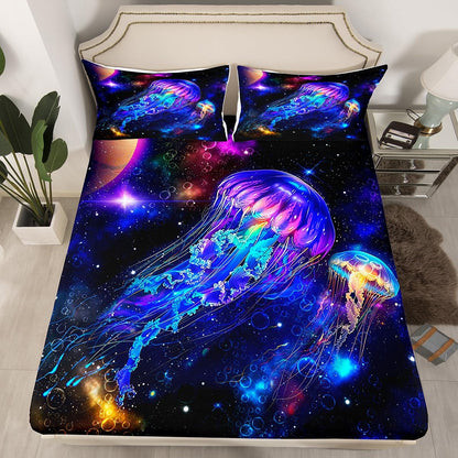 Jellyfish Galaxy Fitted Sheet Set Full Size 4 Pcs,Blue Nebula Spaceship Bedding Set(1 Fitted,1 Flat,2 Pillowcases),Universe Stars Planets Luxury Deep Pocket Bed Sheets for Girls Teesn Room