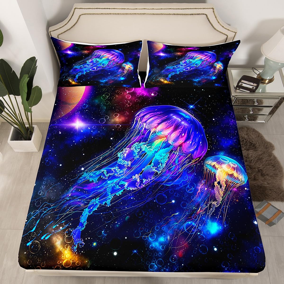 Castle Fairy Jellyfish Galaxy Bed Sheet Set King Size,Blue Nebula Spaceship Bedding Set(1 Fitted,1 Flat,2 Pillowcases),Universe Stars Planets Luxury Deep Pocket Fitted Sheet
