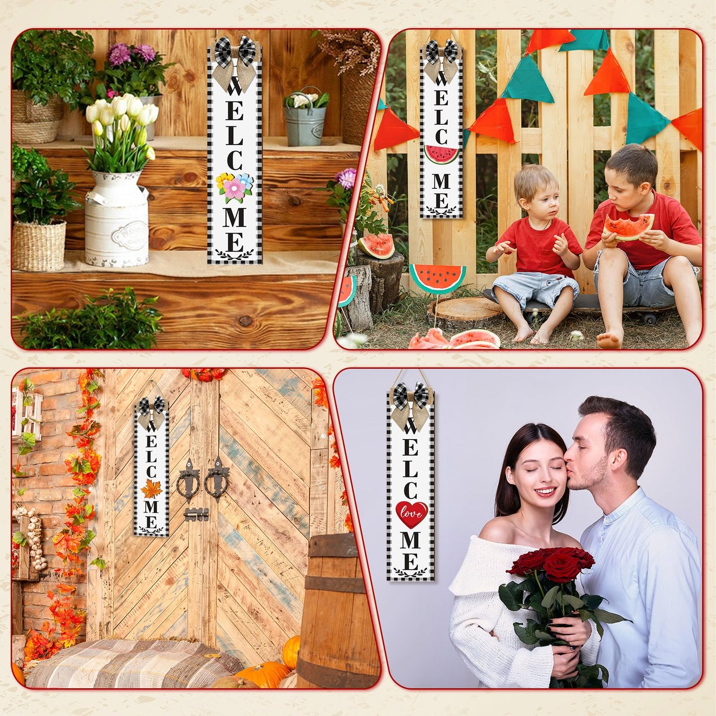 Sintuff Holiday Interchangeable Welcome Sign for Front Door Wood Porch Sign with 24 Pcs Seasonal Icons Home Farmhouse Holiday Welcome Outdoor Festival Seasonal Decoration(Black and White,Buffalo)