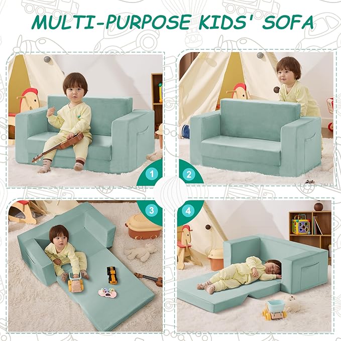 Kids Couch, 2-in-1 Toddler Chair Comfy 1-3 Years, Convertible Kids Chair