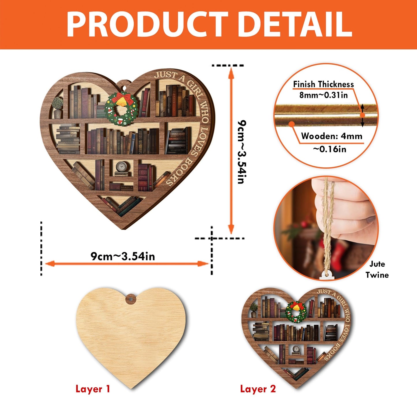 V VIBEPY All Over Printed, Book Lovers Ornaments, Bookshelf Heart Christmas Book Ornament 3.2"x3.5" 2 Layer, Gift for Girl Book Lovers, Gift Idea for Christmas