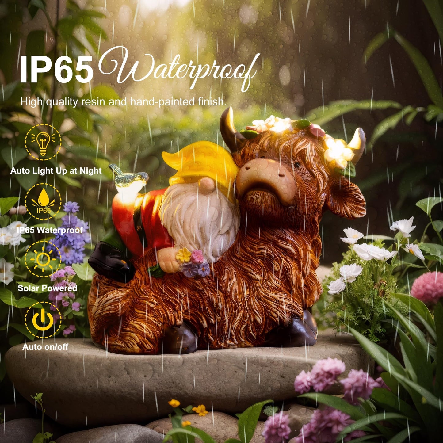 Pohabery Garden Gnome Statue - Highland Cow with Solar Flower LED Lights and Bird - Funny Outdoor Decor for Table, Patio, Lawn - Unique Birthday Gifts for Mom, Women, and Christmas Decorations