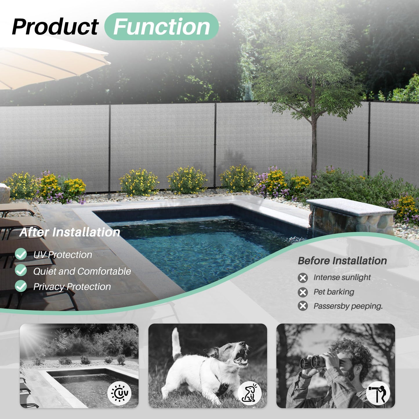 SunnyRoyal 6' x 24' Privacy Fence Screen Panel with Iron Poles Freestanding No Dig Heavy Duty Windscreen Mesh Fabric Temporary Dog Fencing for Outdoor Backyard Patio Garden (Light Gray)