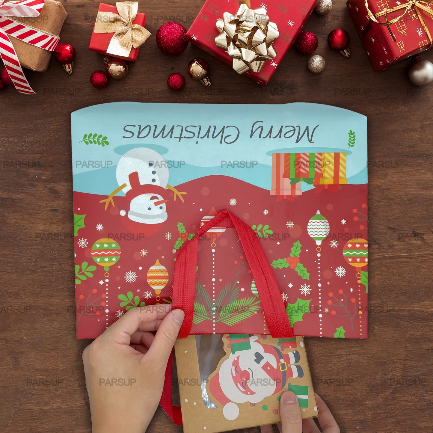 PARSUP 8PCS Christmas Gift Bags, Non-Woven Tote Treat Christmas Bags with Handles for Gifts Wrapping Shopping, Xmas Party Supplies, 12.8"×9.8"×6.7"