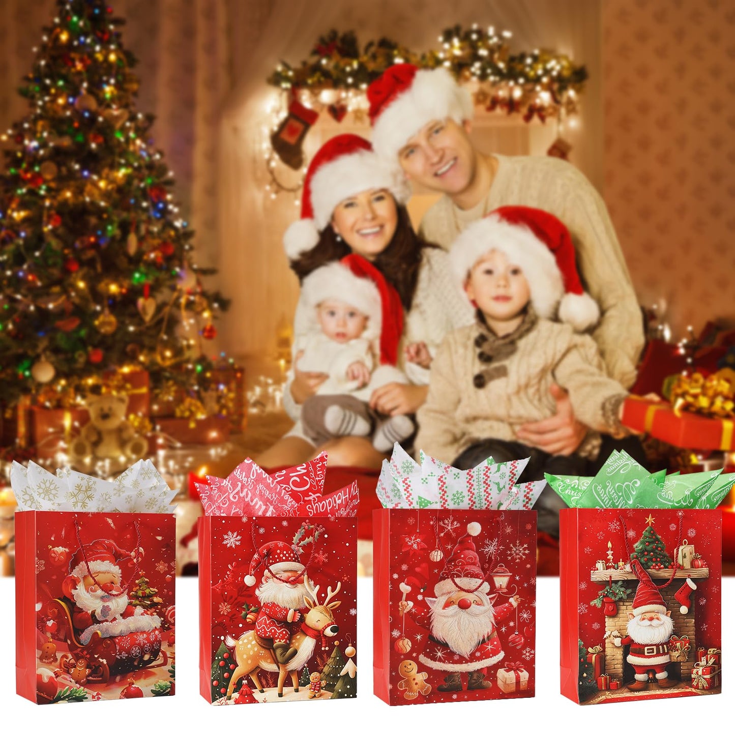 Rusikia 12 Christmas Gift Bags with 12 Tissues Paper 1 Satin Ribbon - Small