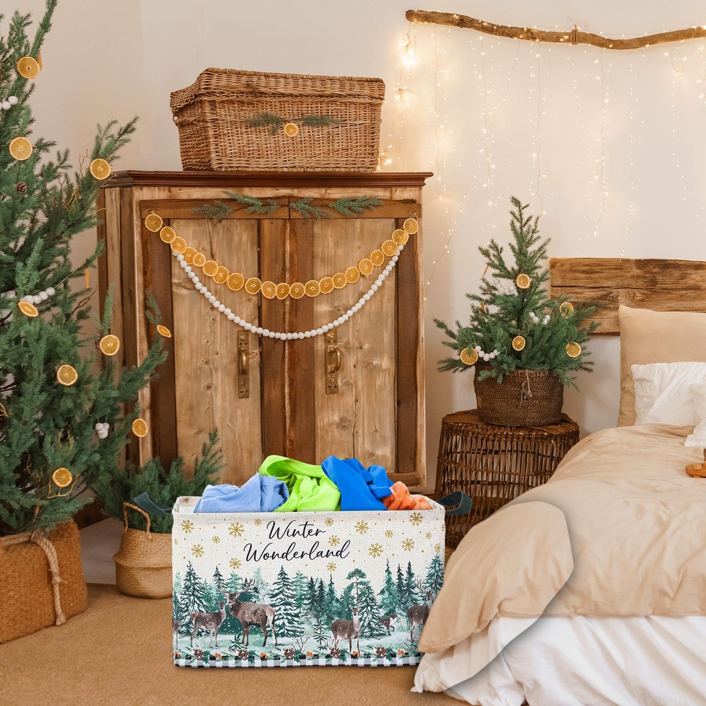 Geelin 3 Pcs Christmas Winter Baskets Wonderland Storage Basket for Gifts Collapsible Waterproof Canvas Xmas Reindeer Storage Bin Organizer with Handles for Book Closet Shelf Nursery Decor
