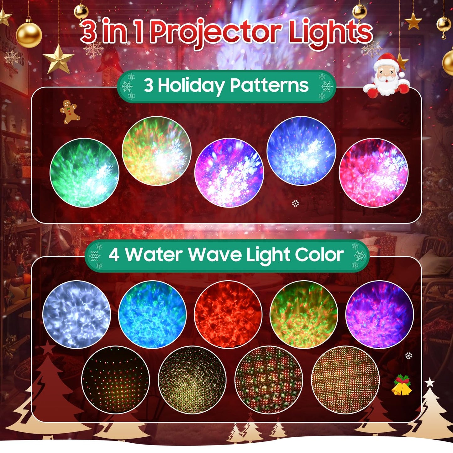 3-in-1 Christmas Projector Lights Outdoor, Holiday Light Projector with Snowfall Storm, Ocean Wave & Red Green Laser Effects, Dual Lens IP65 Waterproof Decorations w/Remote, Timer & Adjustable Speed