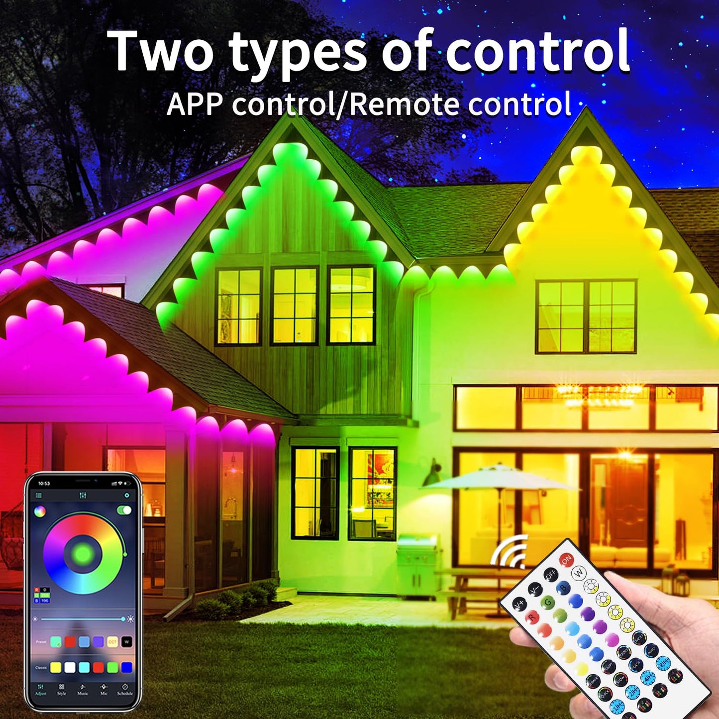 Rroetxi 150FT Permanent Outdoor Light, IP67 Waterproof LED Eaves Light, App/Remote Control Christmas Lights, Suitable for House，Patio Decor Garden Party Festival Decoration