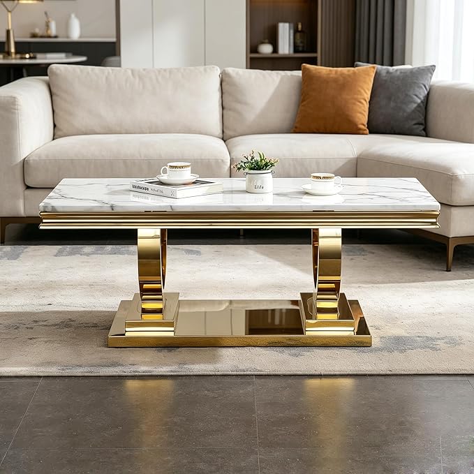 Henf 47" Marble Coffee Table Modern White Faux Marble Center Table