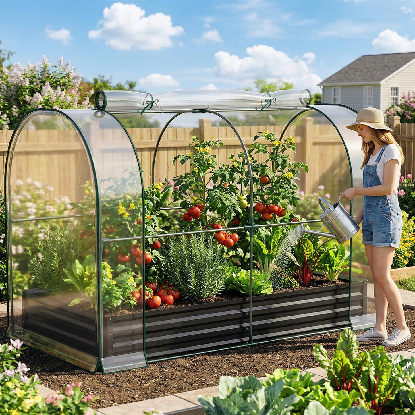 SUNYRISY Galvanized Raised Garden Bed with Greenhouse, Outdoor Metal Planter Box with Plant Bed Cover, Garden Box Protection for Gardening Vegetables Flowers Herbs Planting, Black