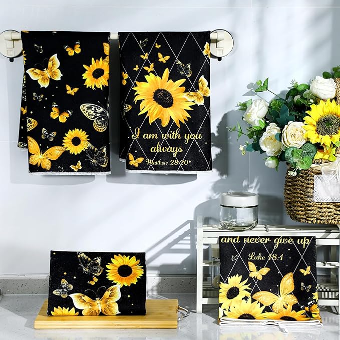 Bencailor 4 Pcs Sunflower Kitchen Towels Butterfly Flower Hand Dish Towels