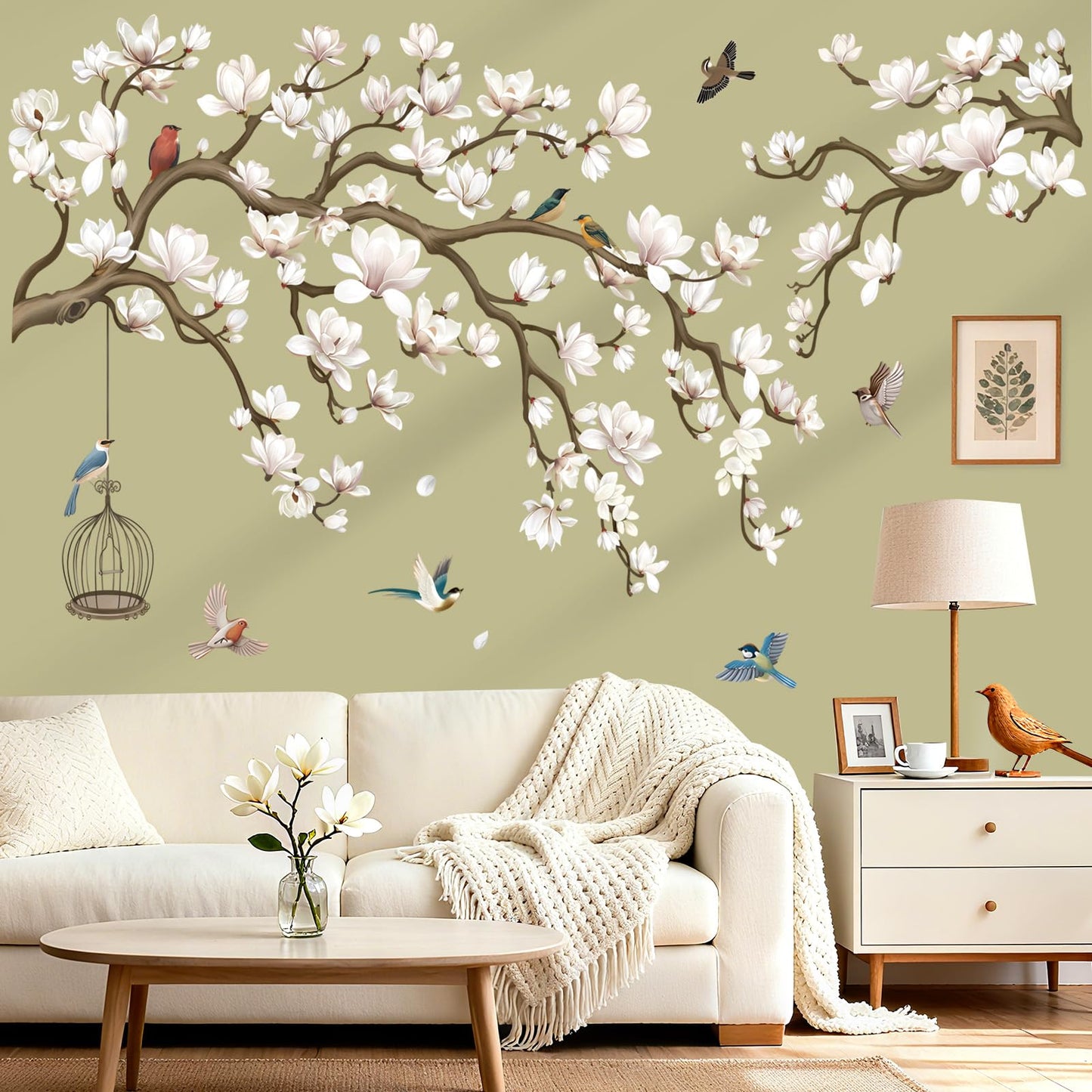 wondever Magnolia Flowers Tree Branch Wall Stickers White Floral Birds Peel and Stick Wall Art Decals for Living Room Bedroom Sofa