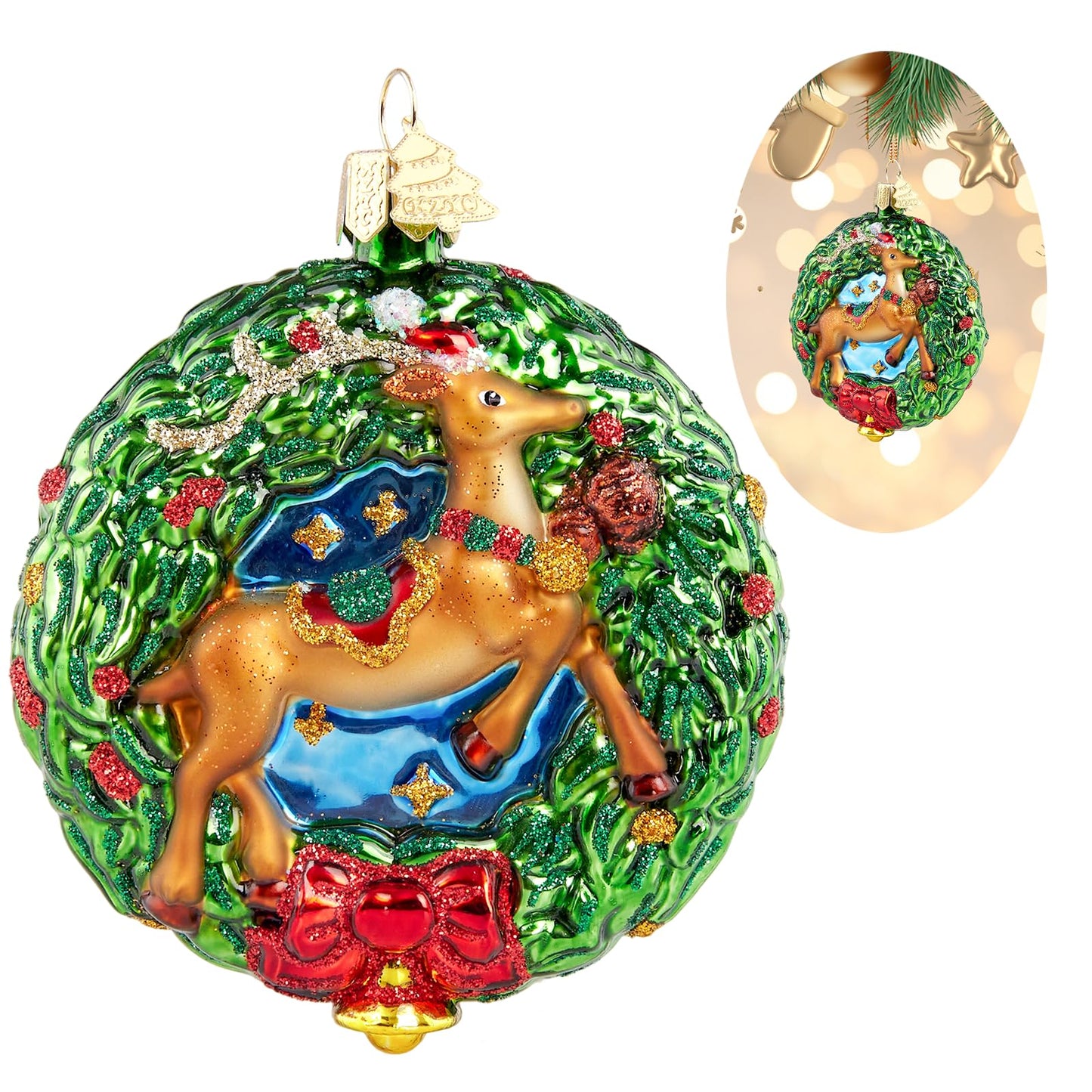 Hzyc Glass Christmas Ornament,Reindeer Wreath Ornament,Christmas Decoration