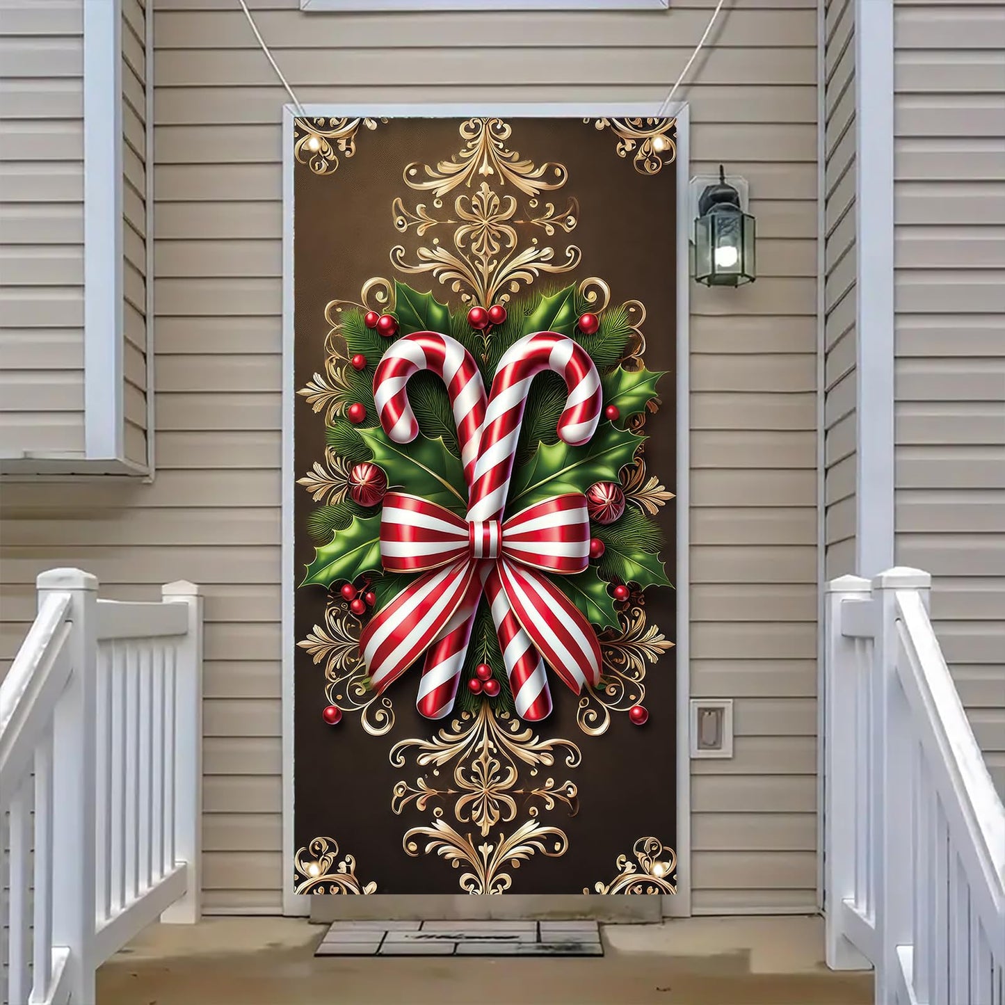 Saoplasa Christmas Door Cover Candy Cane Bow Banner 71 x 35 Inch Holiday Peppermint Stripe Wall Hanging with Holly Leaves Ornaments for Winter Wonderland Xmas Front Door Decor Photo Backdrop