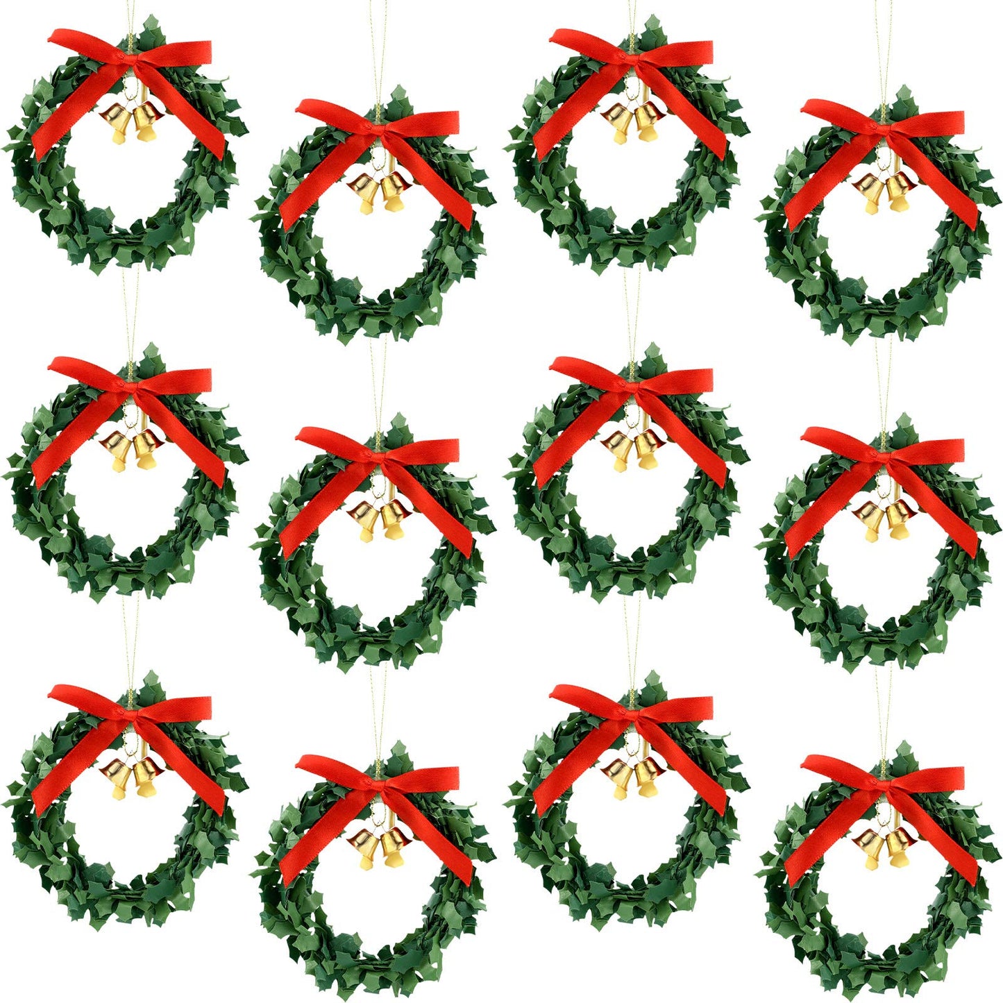 Syhood 12 Pcs Mini Christmas Wreaths for Cabinets with Gold Bells Small Kitchen Xmas Decor Christmas Cabinet Wreaths Ornament for Kitchen Chair Fireplace Farmhouse Home Decor (3.15 Inch,Red Bow)