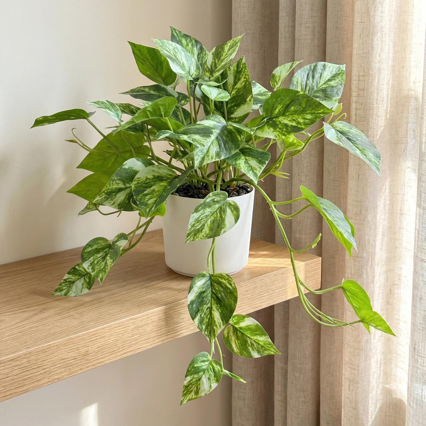 TentoWhan Artificial Plants Faux Pothos with Plastic White Pot Artificial Potted Plant for Home Office Bedroom Indoor Outdoor Decor 1 Pack(Light Green)
