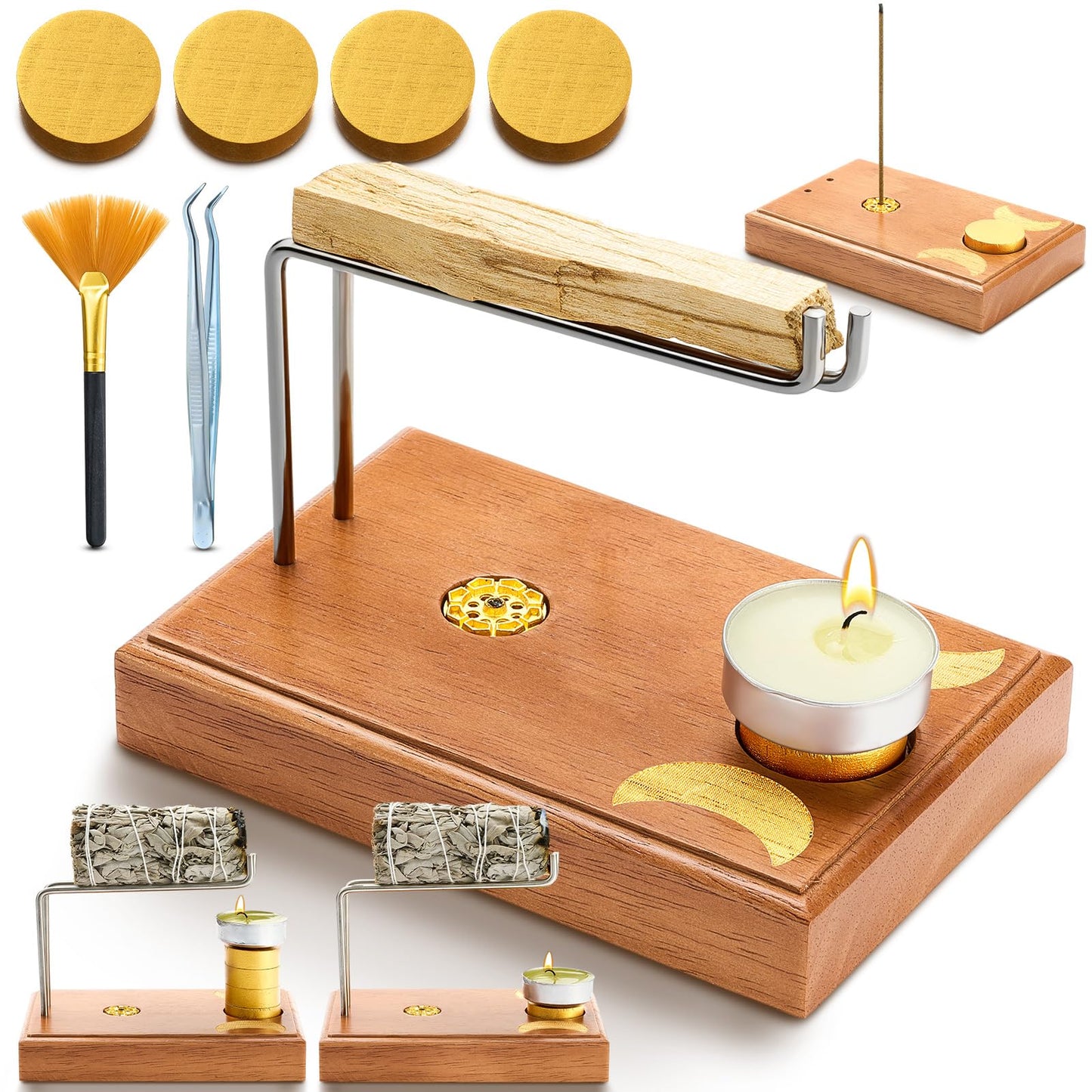 DoubleFill 4 in 1 Palo Santo and Sage Holder, Incense Sticks and Candle Holder with 4 Wooden Cylindrical Bases, Natural Wood Burner Bowl for Yoga Meditation Spirituality Enthusiasts Thanksgiving Gift