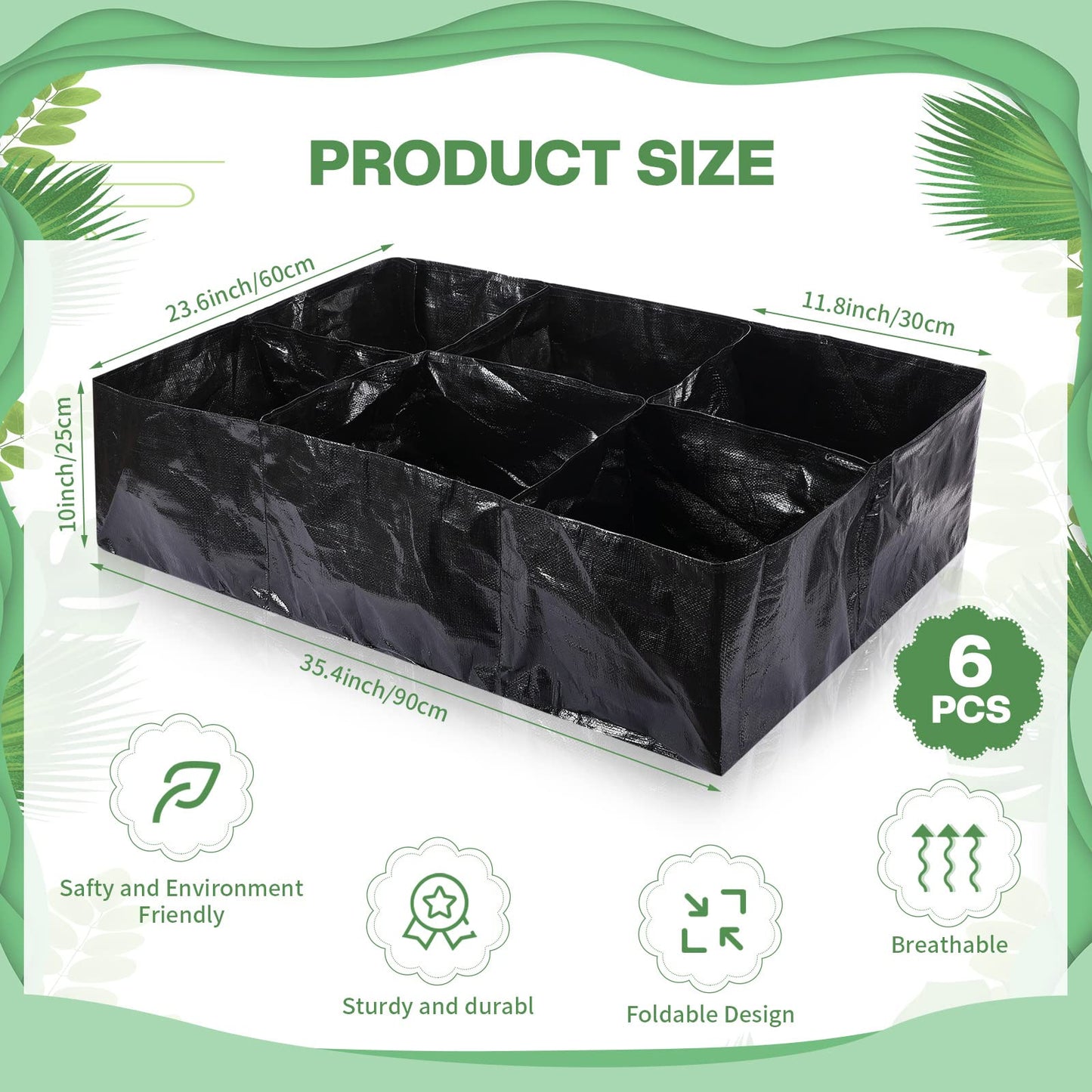 6 Pcs 35 Gallon Fabric Raised Garden Bed Breathable Planting Container Grow Bag with 6 Compartments Rectangle Large Raised Planting Bed for Vegetable Tomato Herbs Potato Fruits Flower Planter Pot