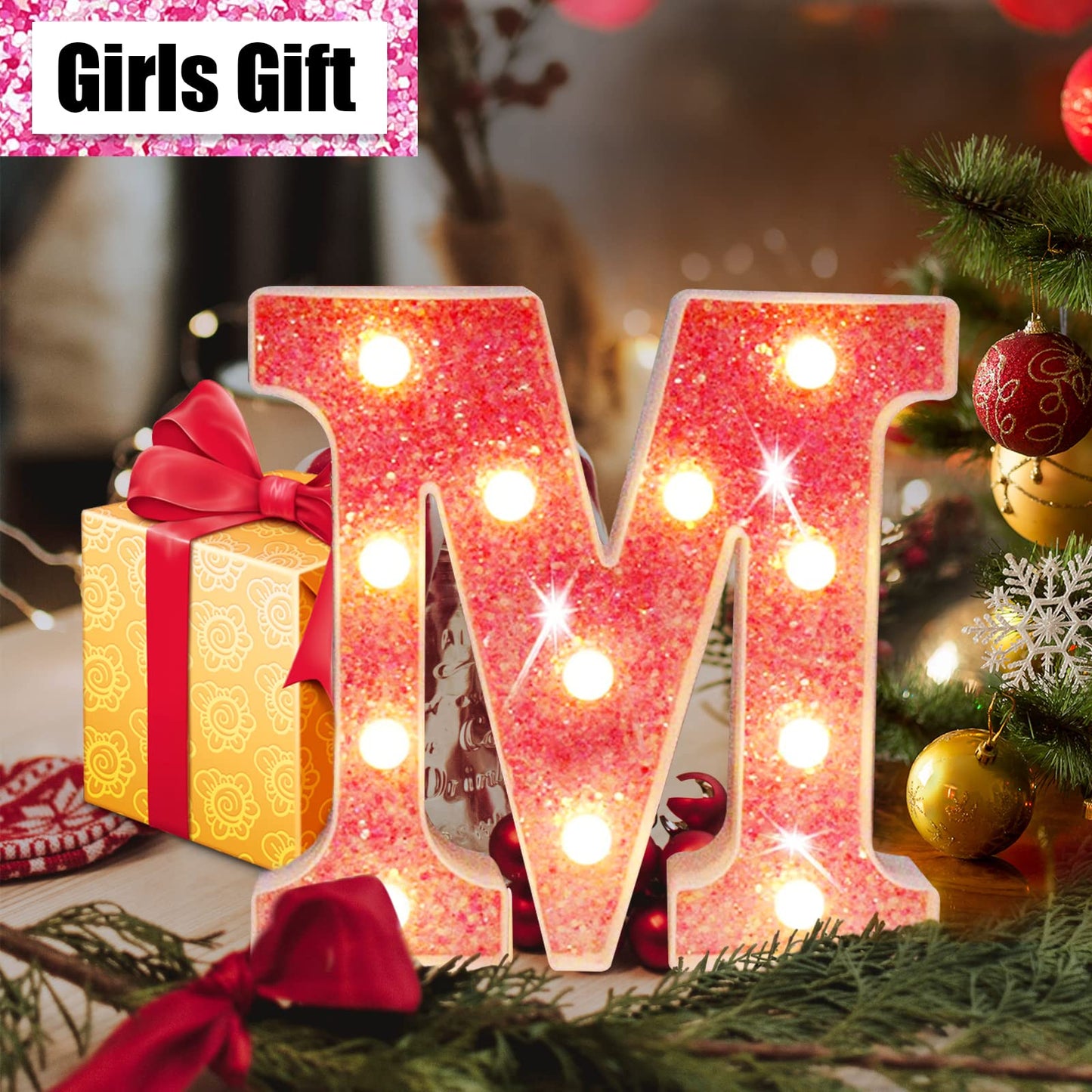 Light Up Letters, Glitter Alphabet Letter Sign Pink LED Marquee Letter Lights Battery Powered for Night Light Girls Bedroom Birthday Party Wedding Home Christmas Decorations Gift for Her-Pink A
