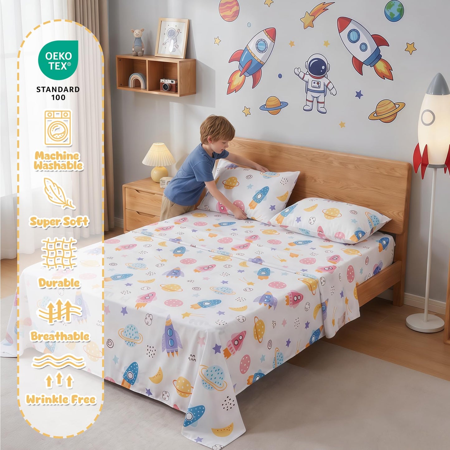 Ocharo Kids Outer Space Theme Sheet Set Twin Size,Soft Bed Sheets with Rocket Planet Printed - Fade Resistant Universe Bedding Sets 3 Pieces Breathable Deep Pocket Fitted Sheet for Boys Girls,Colorful