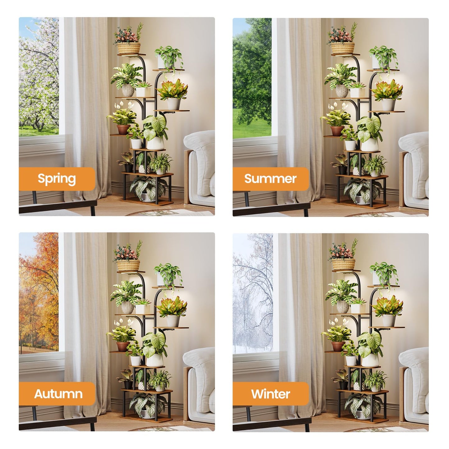 MemoCastle Tall Plant Stand with Grow Lights – 8 Tier 63" Metal and Wooden Indoor Flower Shelf Rack, Adjustable Large Corner Organizer for Living Room or Home Gardening Display