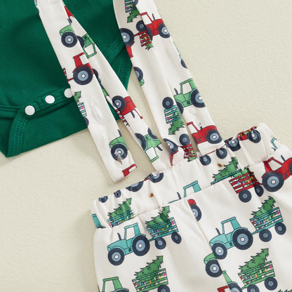 BeQeuewll Christmas Newborn Baby Boy 3PCS Clothes Set Infant Long Sleeve Romper Cute Pattern Suspender Pants Overalls Outfits (Green, 9-12 Months)
