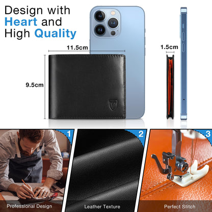 TEEHON Wallets for Men UK with RFID Blocking Slim Wallet with Coin Pocke, 11 Card Slots, 2 Note Pockets, ID Window & Gift Box - Black & Orange