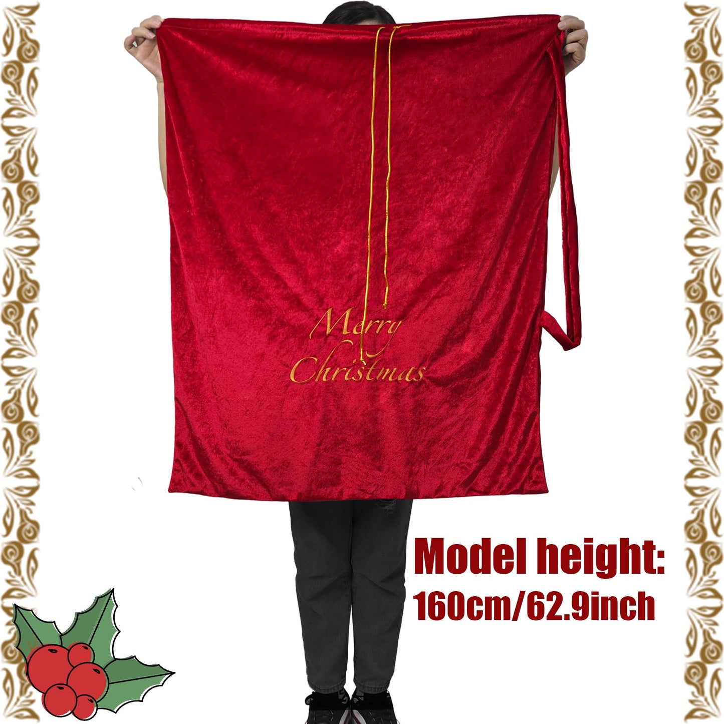 Large Velvet Santa Claus Christmas Sack with Drawstring, 29.5 x 35.5 Inch Gift Bags for Xmas Party Decor, Stocking Stuffers, and Holiday Gift Supplies (Red)