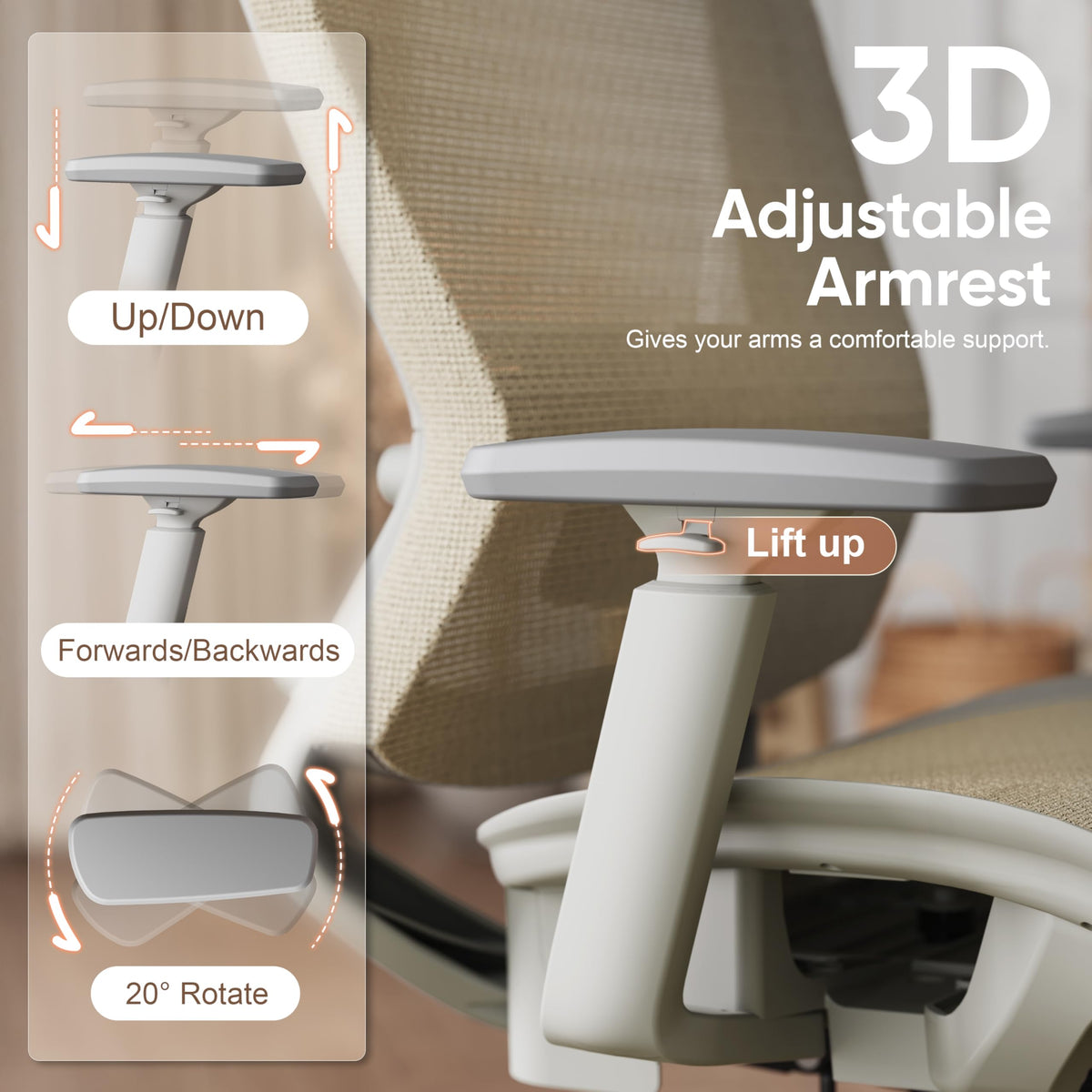 ELABEST Mesh Office Chair,Ergonomic Computer Desk Chair,Sturdy Task Chair- Adjustable Lumbar Support & Armrests,Tilt Function,Comfort Wide Seat,Swivel Home Office Chair (Beige)