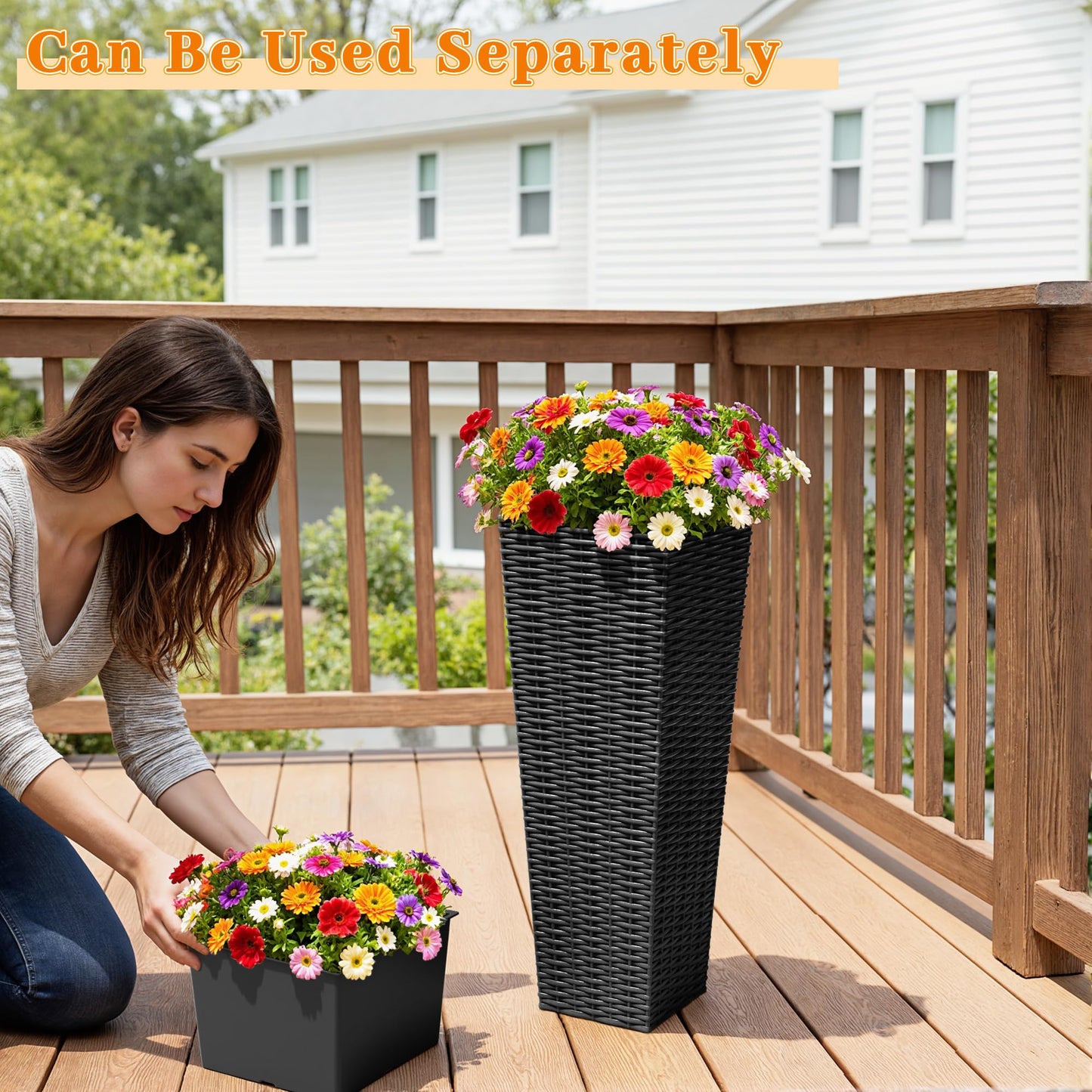 Greesum 24 Inch Tall Plastic Planters with Rattan Texture – Set of 2, Detachable Inner Pot & Drainage Holes, Indoor/Outdoor Decorative Flower Pots for Large Plants, Trees, Patio, and Garden, Black