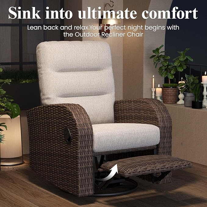 LayinSun Oversized Wicker Outdoor Swivel Glider Recliner with Adjustable Backrest & Footrest, Patio Reclining Lounge Chair