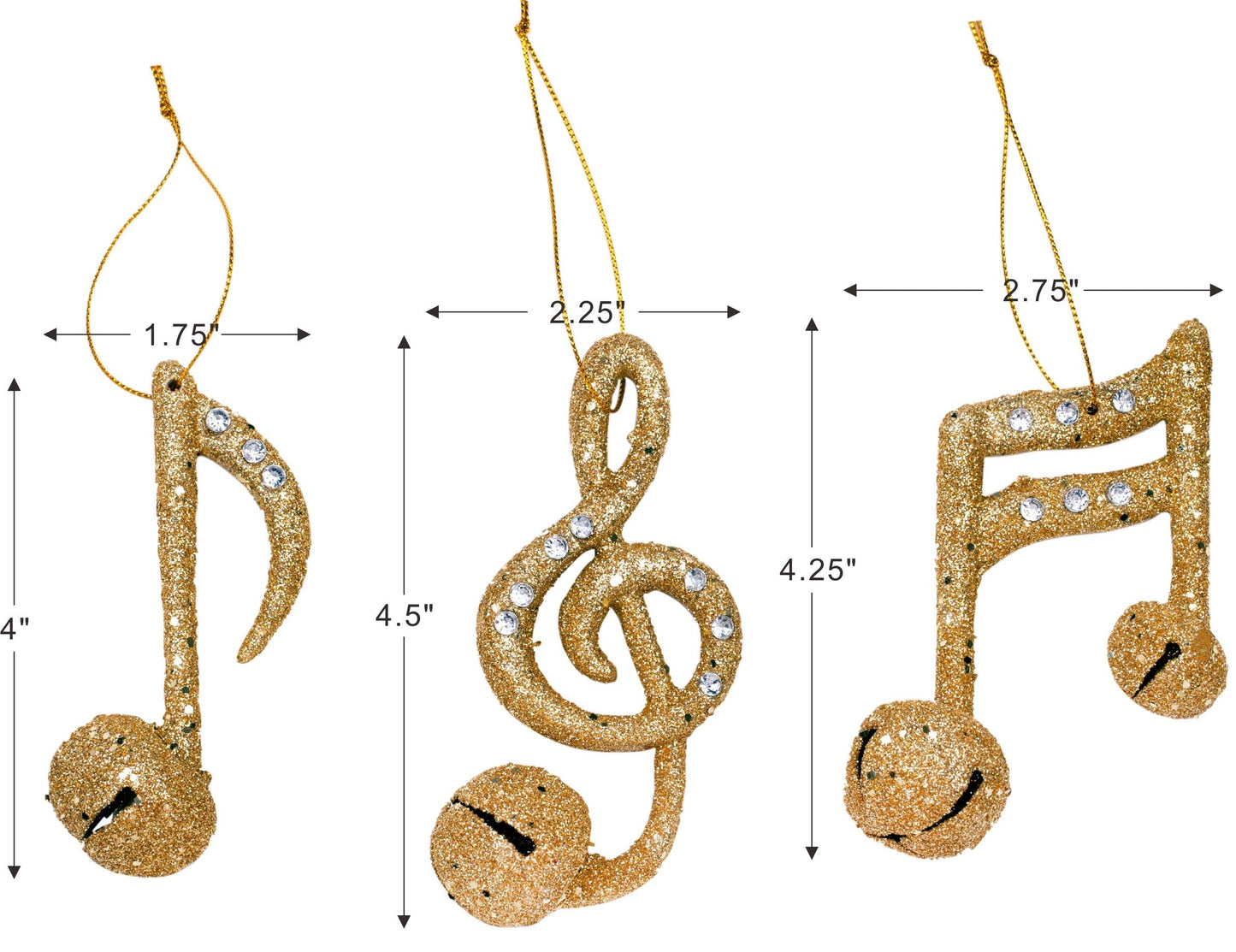 Christmas Traditions 4" Gold Glittered Christmas Hanging Musical Ornaments Musical Notes with Metal Bell Tree Decorations Quarter Note/Eighth Note/Treble Clef 3 Styles asst. (Set of 6) (Gold)