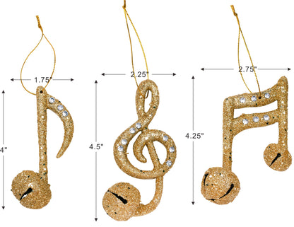 Christmas Traditions 4" Gold Glittered Christmas Hanging Musical Ornaments Musical Notes with Metal Bell Tree Decorations Quarter Note/Eighth Note/Treble Clef 3 Styles asst. (Set of 6) (Gold)