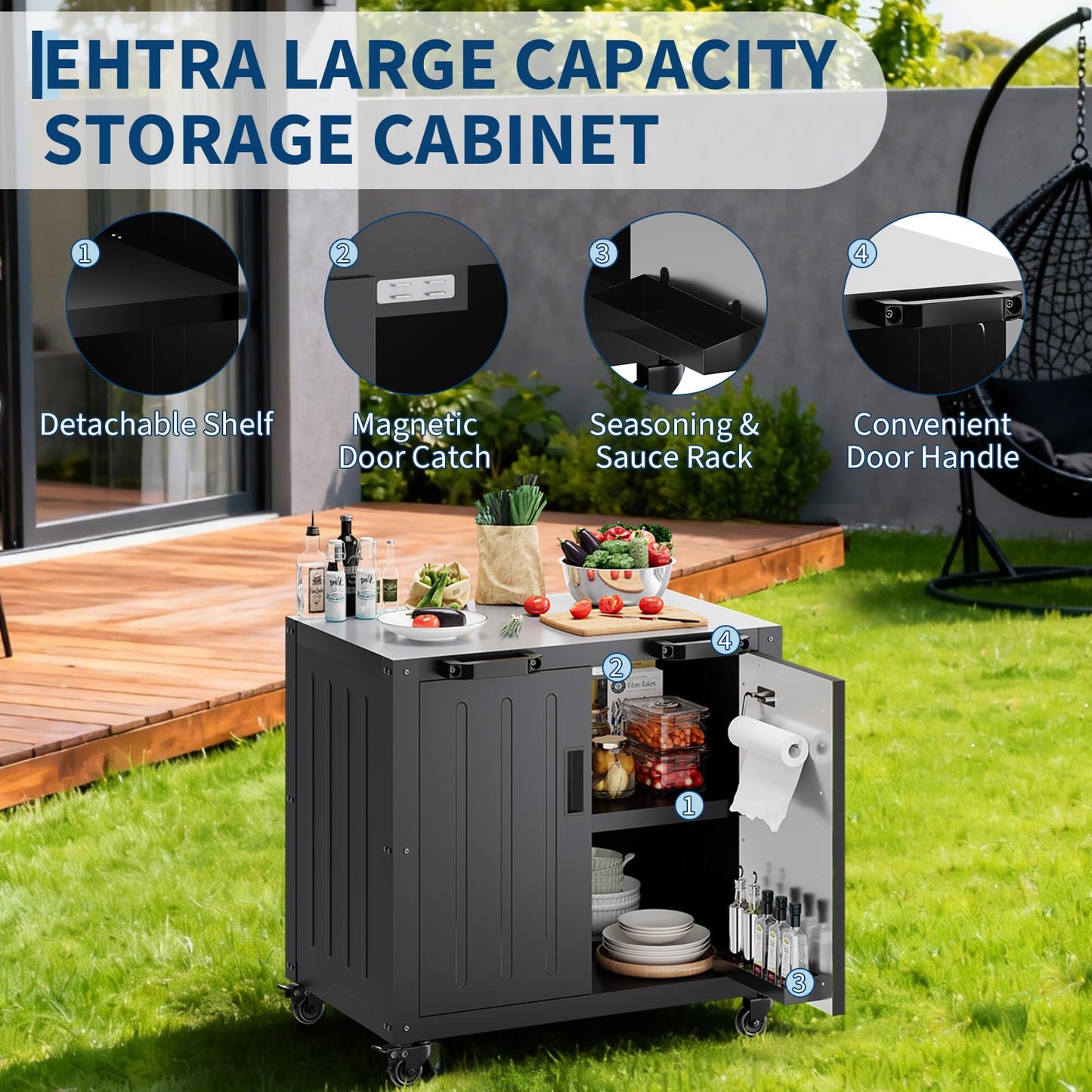 Outdoor Grill Cart with Storage Cabinet, Outdoor Cooking Table, Made Entirely of Stainless Steel, Grill Station for Kitchen Prep, Working Table, Lawn & Garden